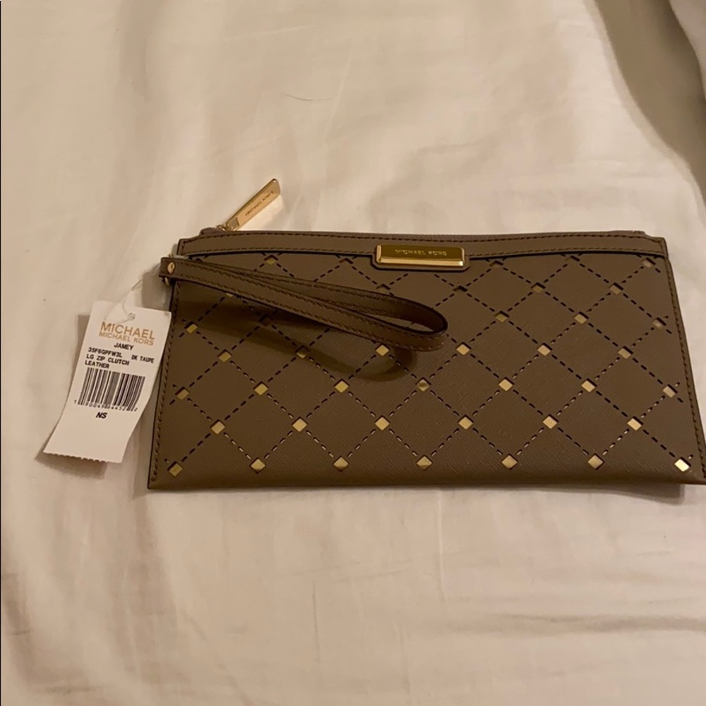 Michael Kors Jamey Leather Zip Clutch - Dark Taupe